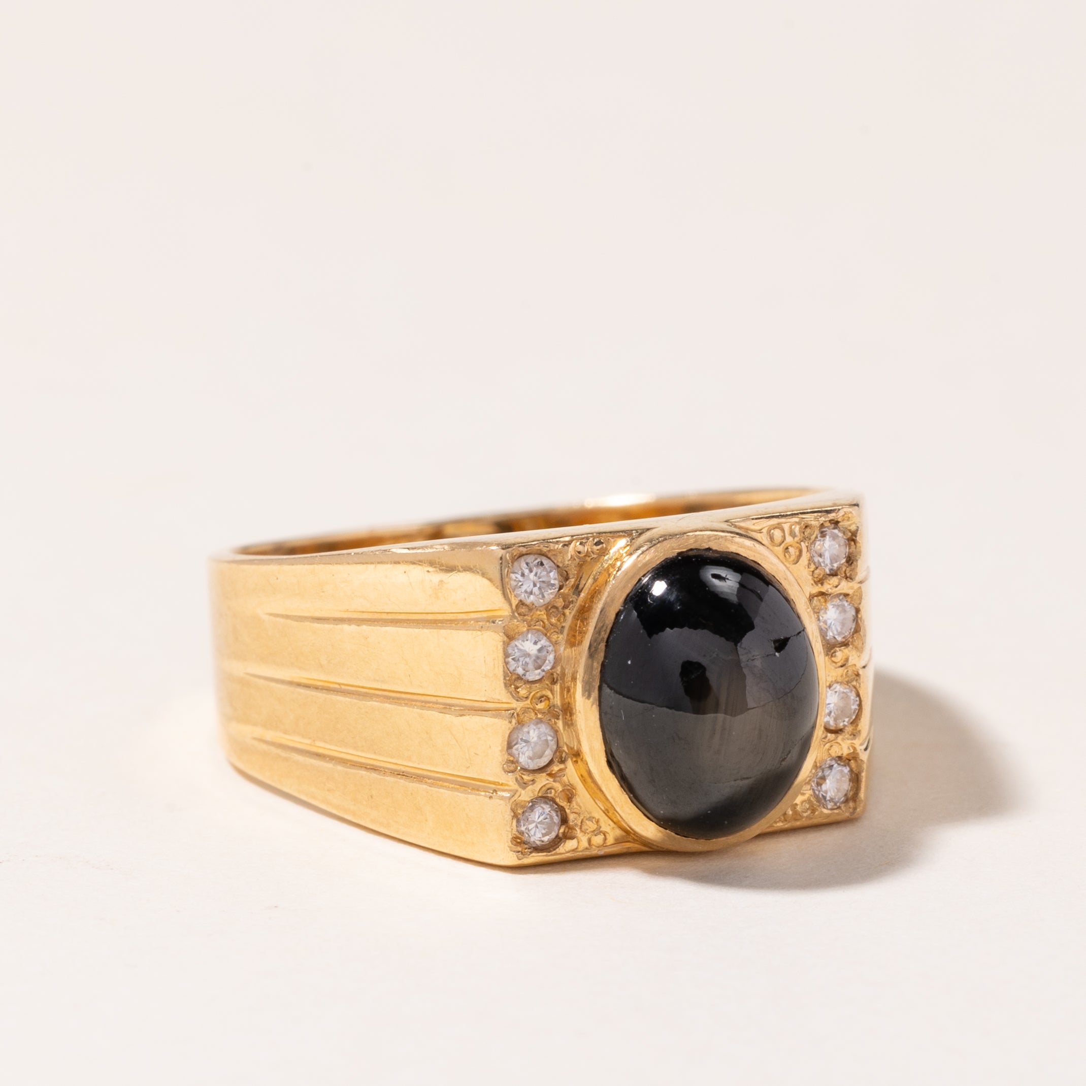 18K Yellow Gold Black Star Sapphire & Diamond Ring - 3.59ct Sapphire, 0.13ctw Diamonds - Size 9.5 - Elegant Wedding, Anniversary & Engagement Jewelry Gift for Women