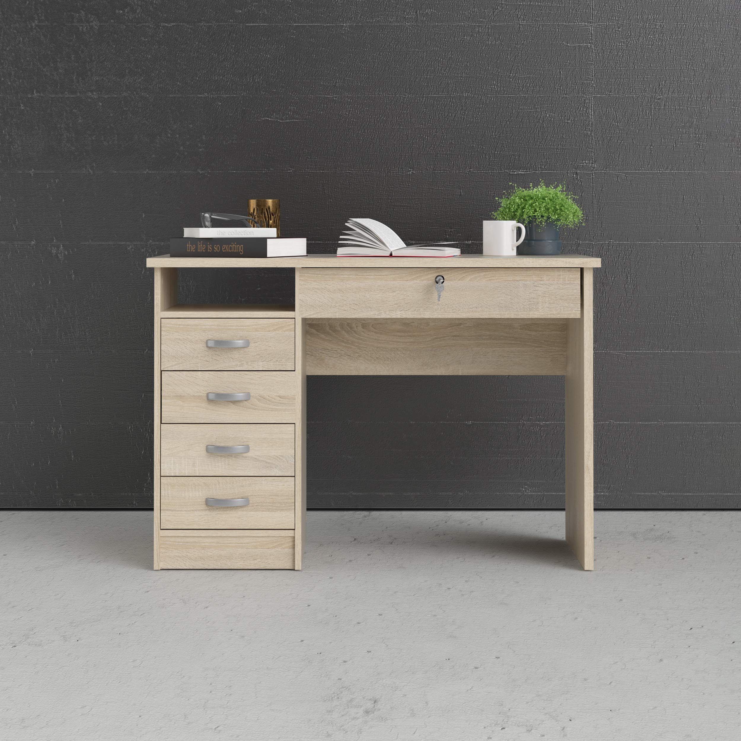 Tvilum Walden 5-Drawer Oak Wood Desk for Home Office - Sturdy & Spacious Writing Desk with Storage for Study, Work, or Dorm Room