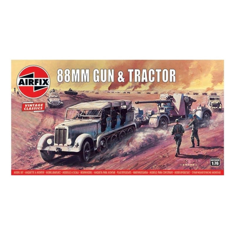 Airfix A02303V 1/76 Scale Vintage Classics 88mm Flak Gun & Tractor Military Model Kit - WW2 German Artillery Display & Collector's Item for History Enthusiasts