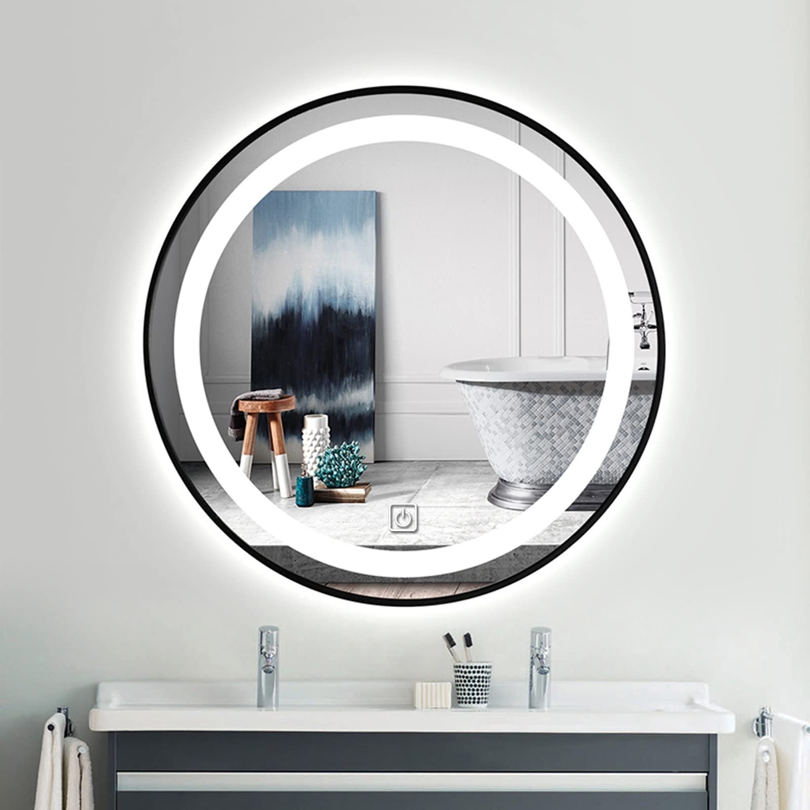 24 Inch Round Black Metal Framed LED Bathroom Mirror with Adjustable Color Temperature - Touch Control Dimmable Vanity Mirror for Makeup & Shaving - Perfect for Modern Bathrooms, Bedrooms and Dressing Areas