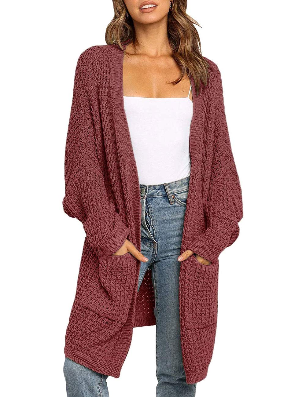 MEROKEETY Women's Oversized Long Cardigan - Batwing Sleeve Waffle Knit Sweater Coat for Fall & Winter | Cozy Lounge Wear, Casual Outfit, Office Layering Piece