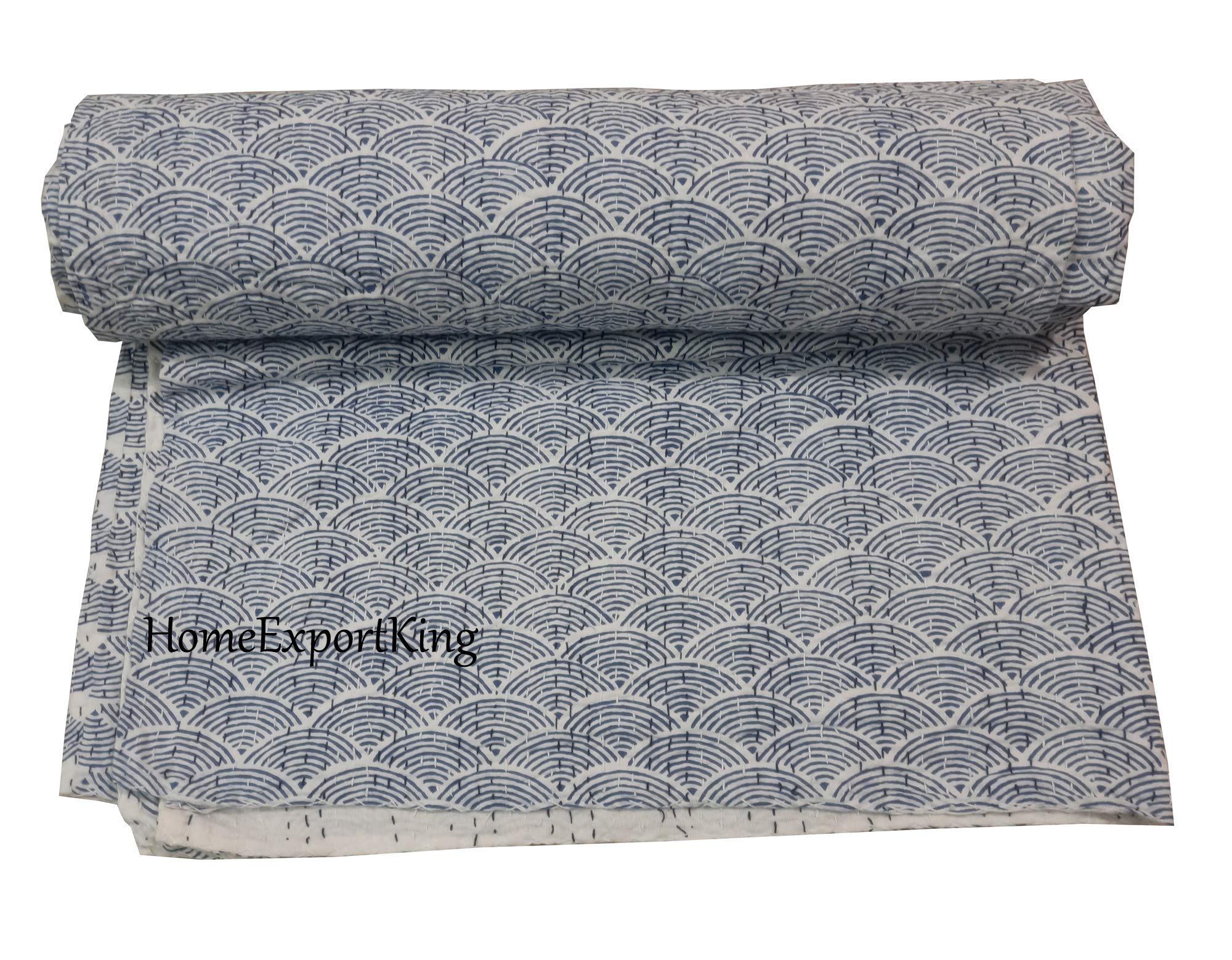 Handmade Indian Cotton Kantha Quilt - Traditional Print Bedspread, Throw Blanket (60