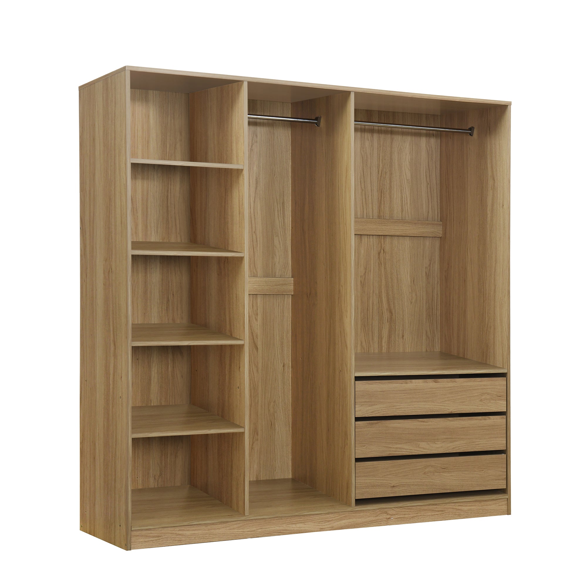 Natural Wooden Doorless Wardrobe with Shelves & 3 Drawers - Bedroom Closet Storage Organizer for Clothes, Shoes & Accessories | Perfect for Small Spaces & Modern Home Decor