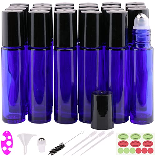 24 Roller Bottles - Cobalt Blue Glass and Black Plastic Caps