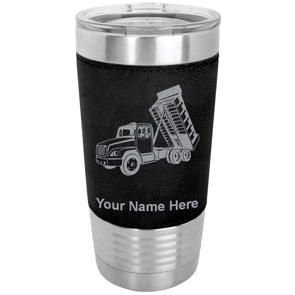 LaserGram 20oz Vacuum Insulated Stainless Steel Tumbler Mug with Dump Truck Design - Personalized Engraving, Faux Leather Lid & Black Finish - Perfect for Coffee, Tea, or Cold Drinks at Work, Gym, or Outdoor Adventures