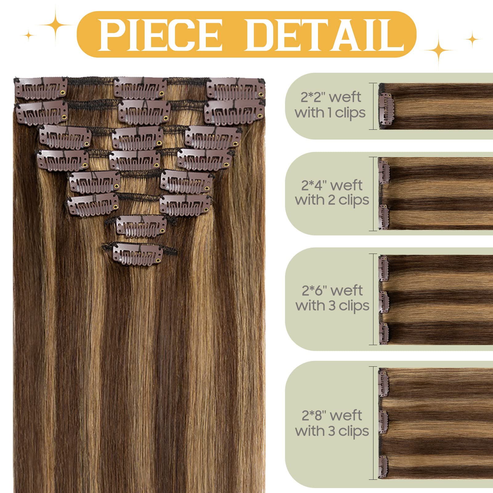 24 Inch Clip-In Human Hair Extensions - Remy Real Human Hair, Balayage Medium Brown & Dark Blonde, 8PCS 80g, Natural Straight for Women | Perfect for Volume, Length & Styling for Parties, Weddings & Daily Wear (#4P27)