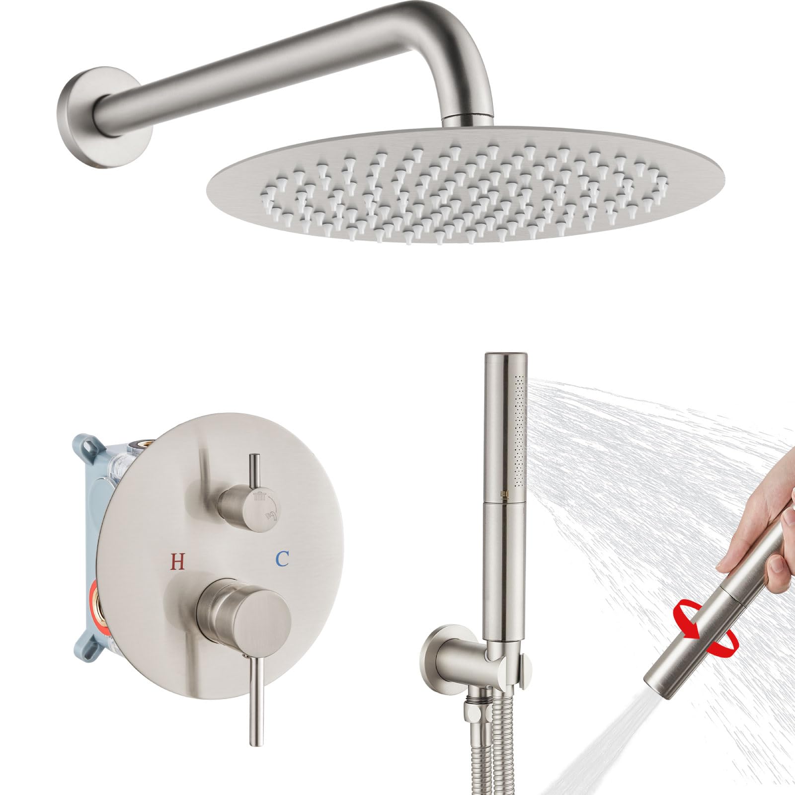 Airuida 2-Function Wall Mounted Shower Faucet Set - High Pressure Brass Handheld Shower with Rough-in Valve & 10 Inch Rainfall Shower Head in Brushed Nickel for Bathroom | Perfect for Spa-Like Experience and Water-Saving Showers
