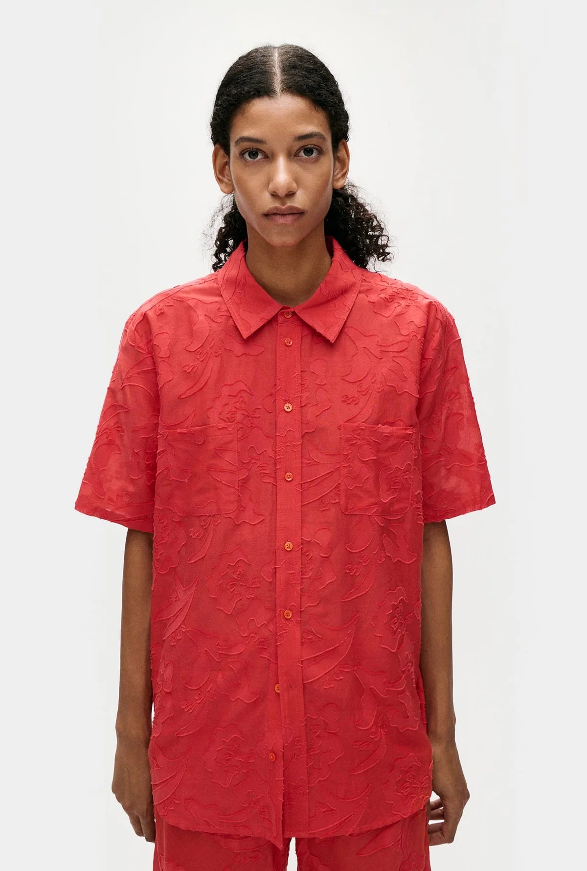 Silk Short Sleeve Boyfriend Shirt for Women - Elegant Geranium Print Blouse for Casual & Office Wear