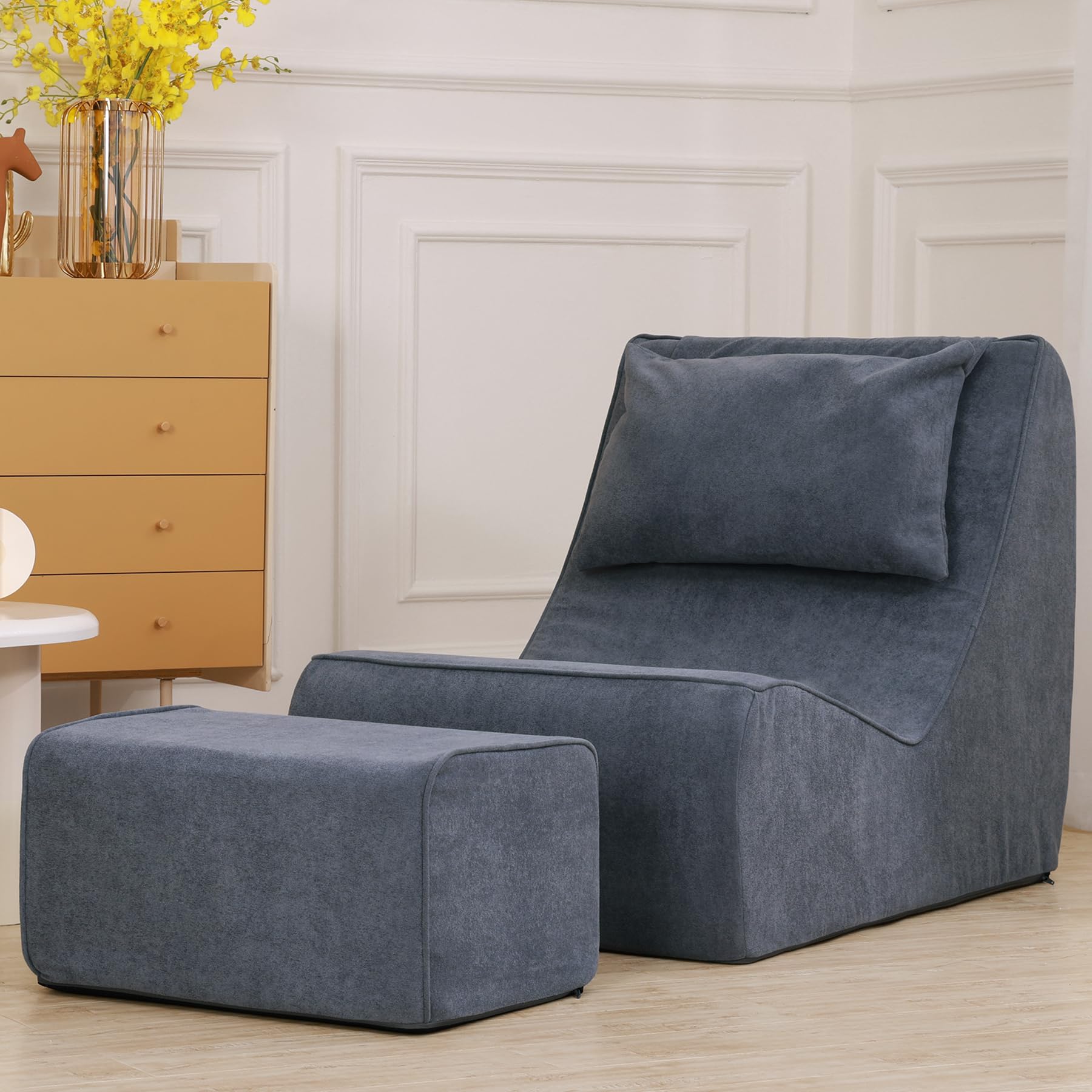 Giant Bean Bag Chair for Adults - Oversized Memory Foam Chaise Lounge with Neck Pillow & Ottoman, Comfy Floor Seating for Living Room, Bedroom, Gaming & Movie Nights (Slate Gray) | Perfect for Relaxing, Reading and Napping