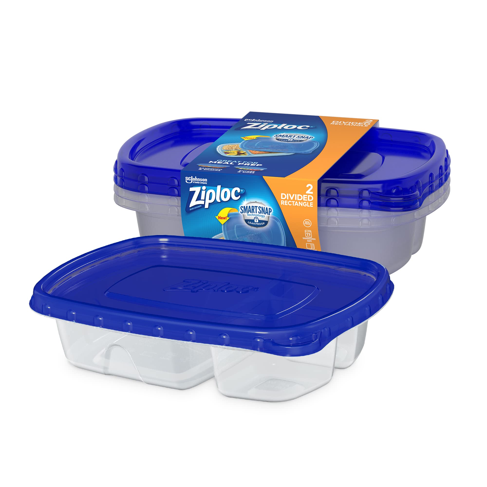 Reusable Ziploc Food Storage Containers with Smart Snap Technology - Dishwasher Safe Meal Prep Containers for Kitchen Organization (2-Pack, Divided Rectangle) - Perfect for Meal Prepping, Leftovers & Lunch Boxes