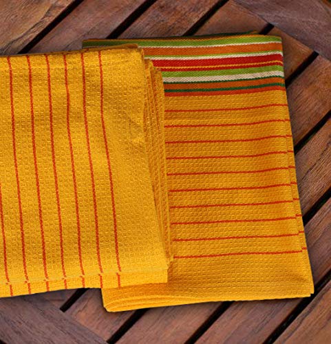 Urban Villa Mustard Waffle Stripes Kitchen Towels - Set of 6 Oversized 20x30 Inch 100% Cotton Highly Absorbent Dish Towels with Mitered Corners for Kitchen, Hand, and Tea Use