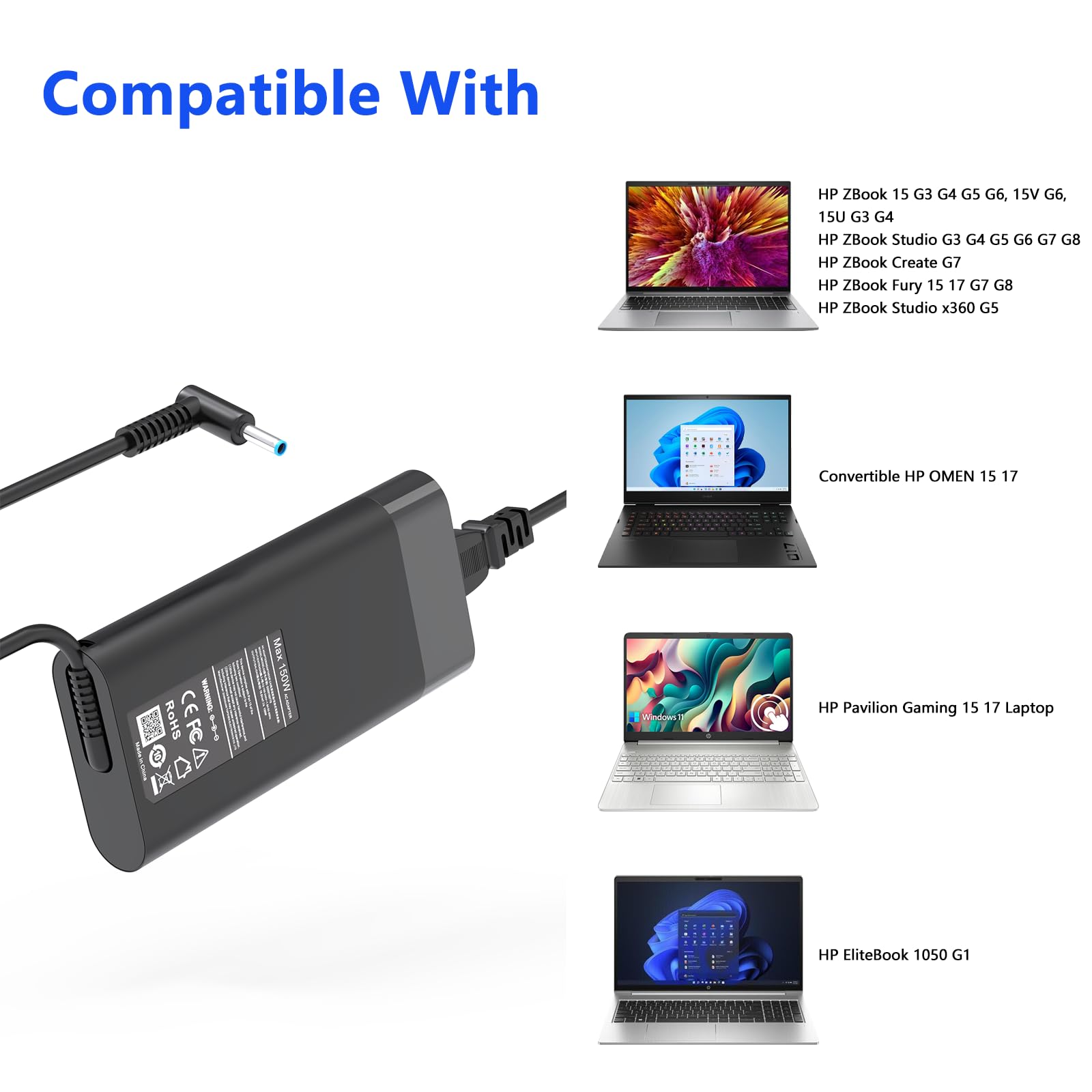 150W Laptop Charger for HP ZBook 15/16/17/15U/15V/Fury G7/G8, Studio G9/G8/G7/G6/G5/G4/G3, OMEN, Pavilion, Victus - AC Power Adapter & Cord - Perfect for Home, Office & Travel Use