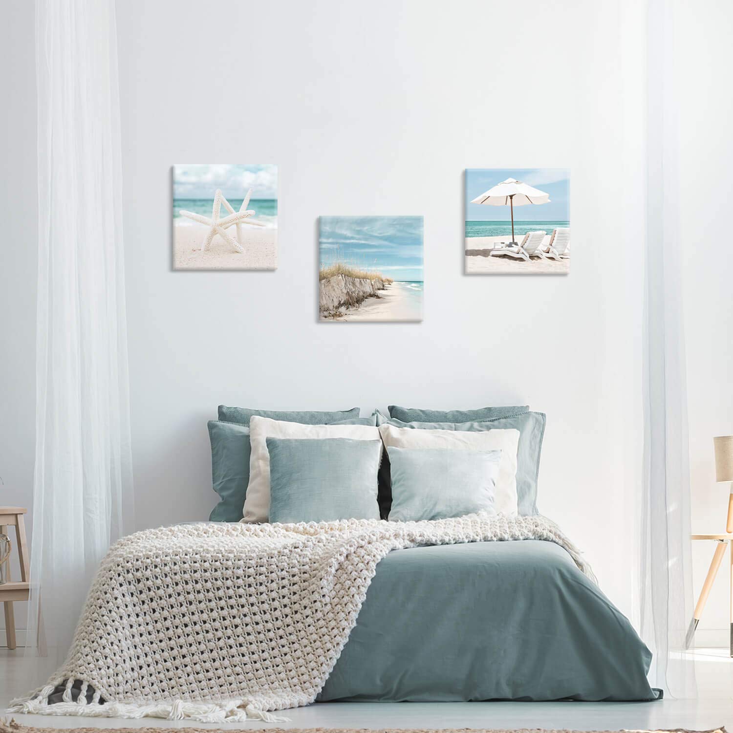 Coastal Canvas Wall Art Print - Starfish & Beach Chairs on Sand Artwork for Home Decor | 16x16 Inch Set of 3 | Perfect for Bedroom, Living Room, or Beach House Wall Decor