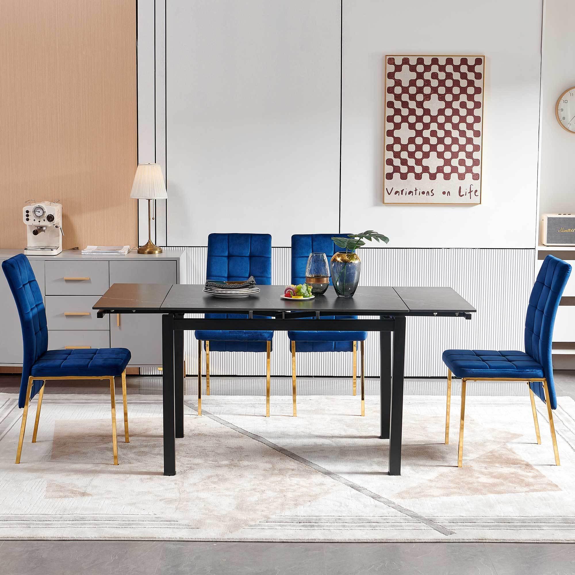 Modern Black Ceramic Expandable Rectangular Dining Table - Space Saving Kitchen & Small Apartment Furniture for Dining Room, Breakfast Nook, and Compact Living Spaces