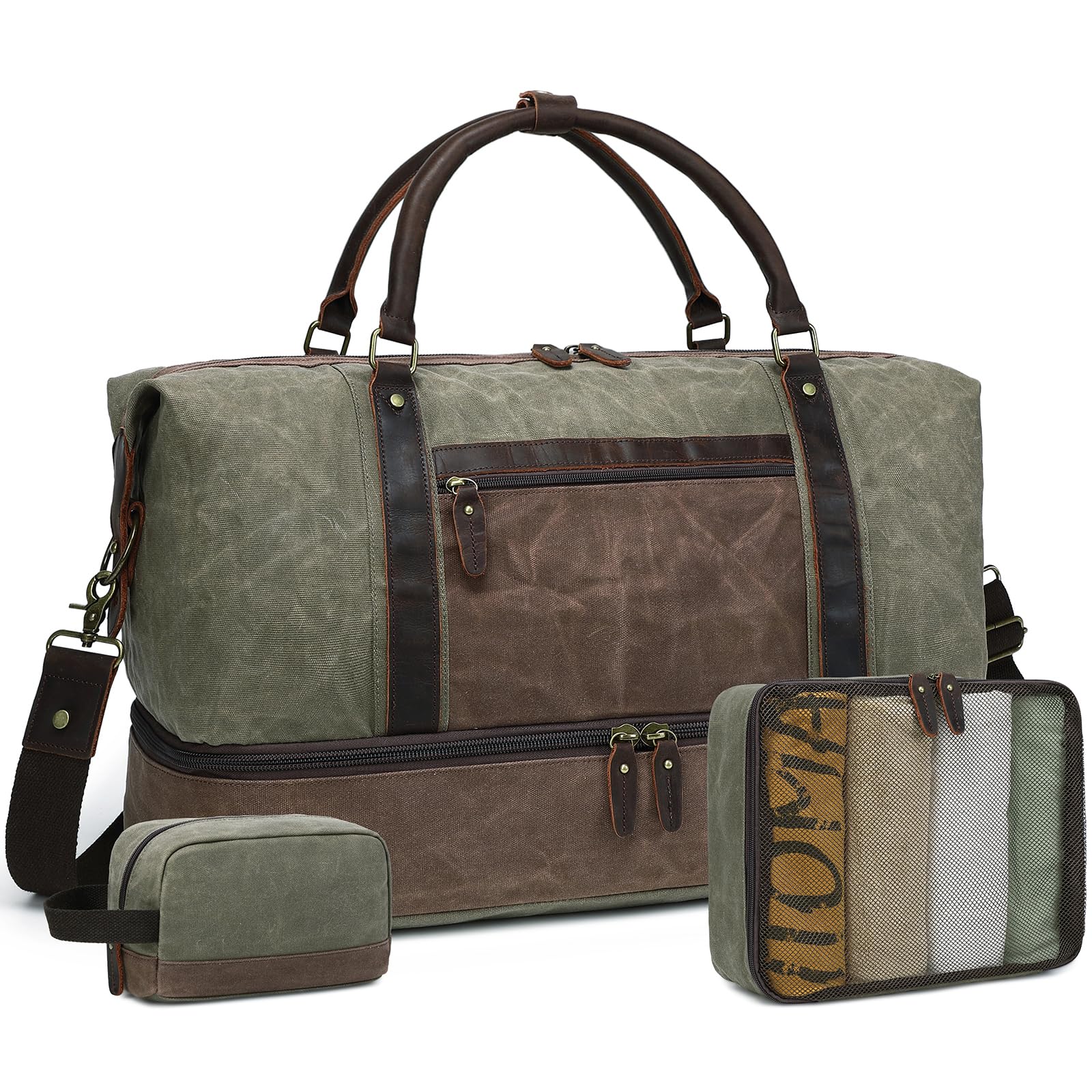 Vintage Waxed Canvas Duffle Bag for Men - Waterproof Travel Weekender Overnight Bag with Shoe Compartment & 2 Packing Cubes | Heavy Duty Camping, Flight & Gym Bag for Outdoor Adventures (Green)