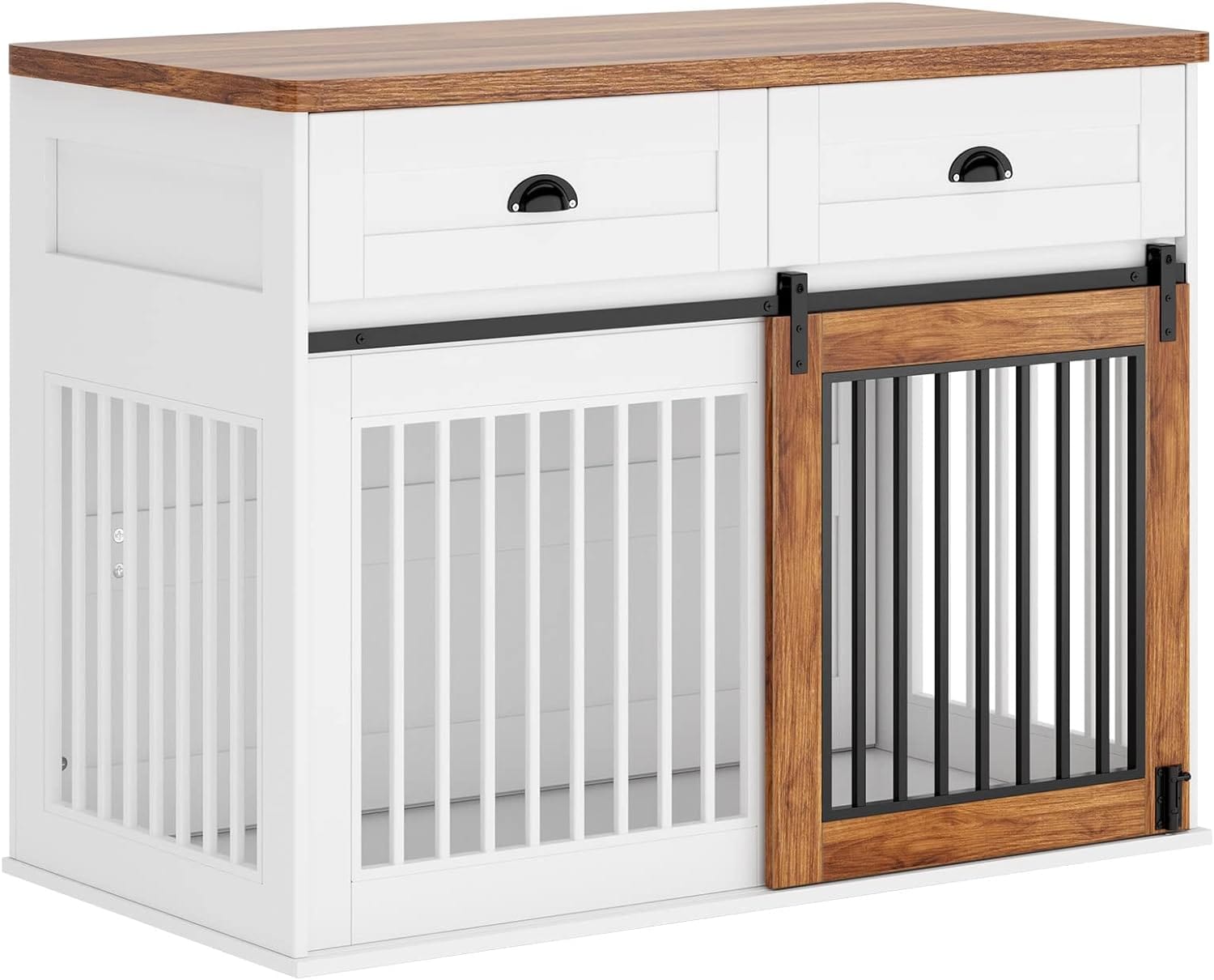 Stylish Country Barn Door Pet Crate Furniture - Rustic Wooden Dog Crate with Double Doors for Living Room, Bedroom & Home Decor