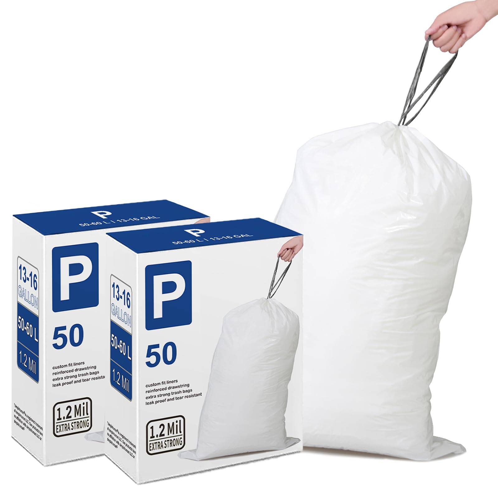 Heavy Duty 13-16 Gallon Trash Bags - 2 Packs (100 Count Total) 1.2 Mil Thick Plastic Garbage Bags with Reinforced Drawstring | Leak Proof & Tear Resistant | Compatible with Simplehuman Code P | Perfect for Kitchen, Office & Outdoor Waste Disposal