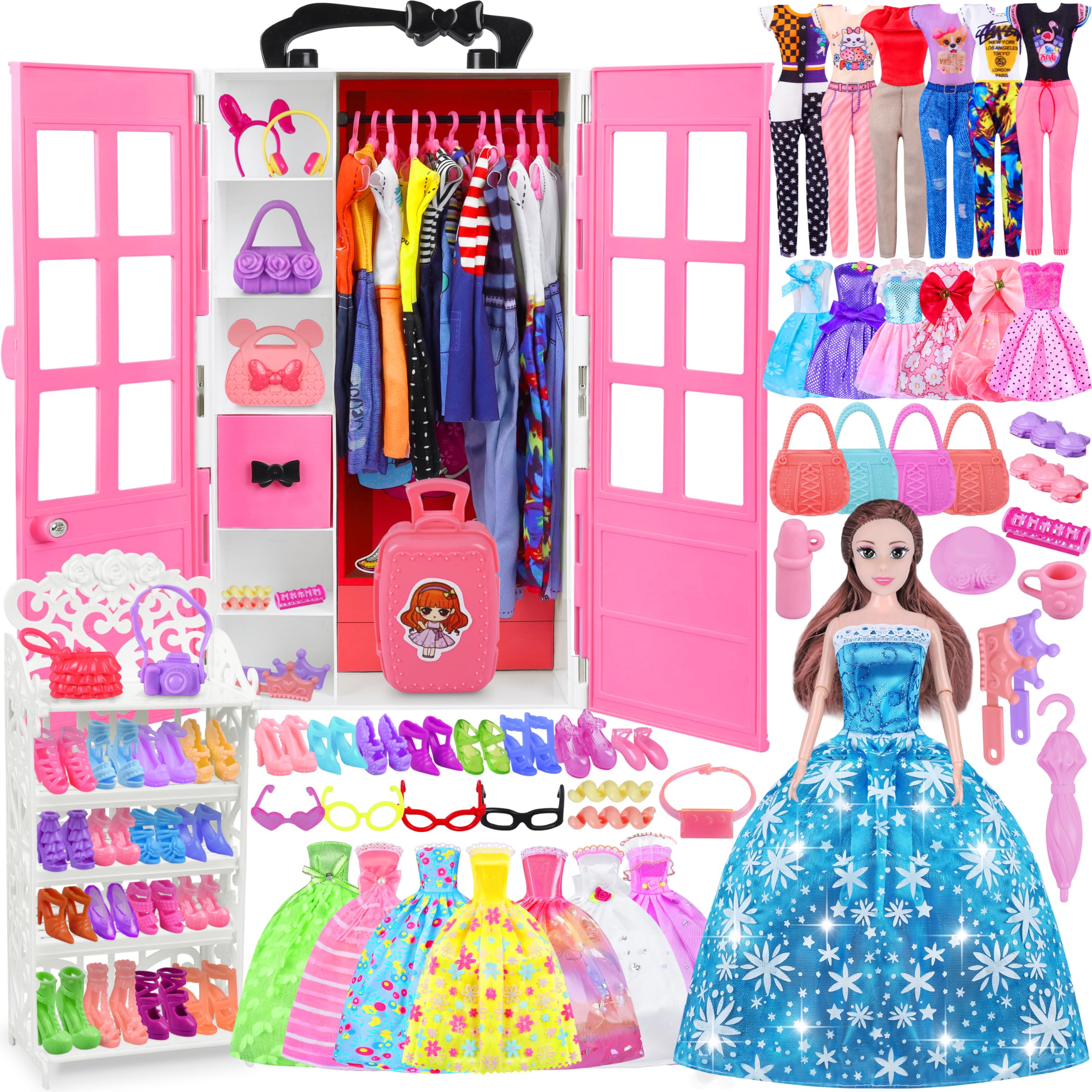 122 Pcs Doll Clothes & Accessories Set with Wardrobe (Includes Doll) - Princess Dresses, Tops, Pants, Jumpsuits, Swimwear & Shoes - Perfect Dress Up Toys for Girls, Kids & Toddlers - Great Gift for Birthday & Pretend Play