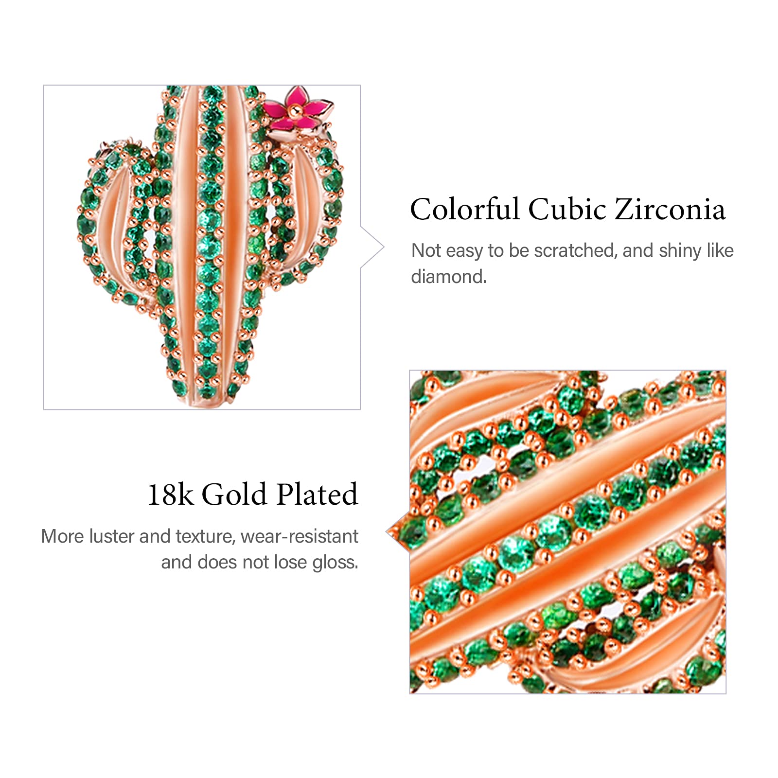 GNOCE 925 Sterling Silver Cactus Charm Beads for Bracelets & Necklaces - Rose Gold Plated with Green Cubic Zirconia, Unconditional Love Dangle Charm - Perfect for Christmas Gifts, Boho Jewelry & Everyday Wear