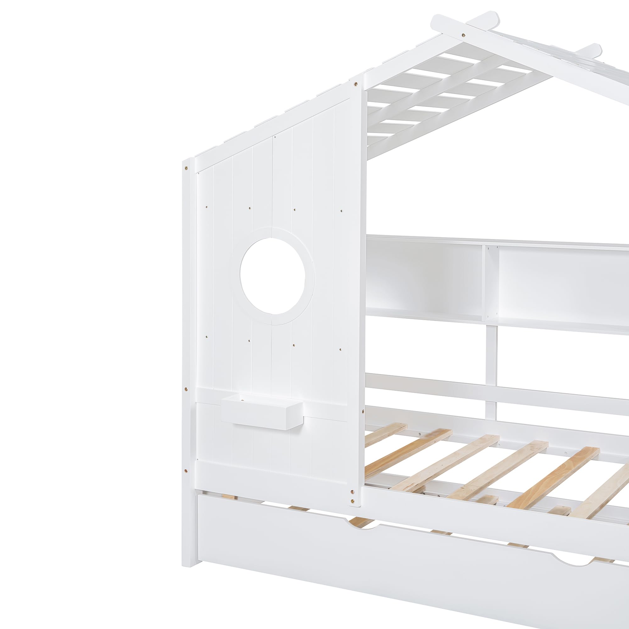 P PURLOVE Twin Size Wooden House Bed with Trundle & Storage Shelf - Modern Kids Bed Frame for Boys, Girls & Teens | Perfect for Bedrooms, Playrooms & Sleepovers