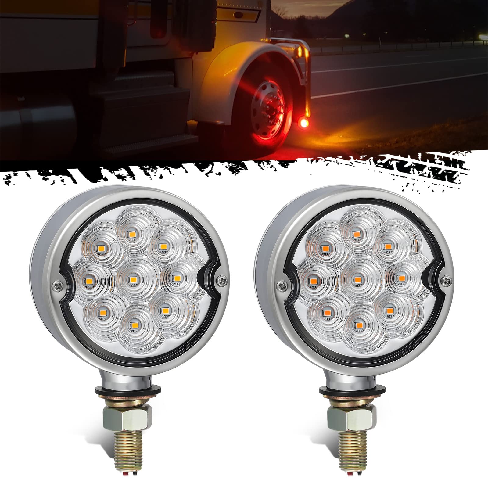 Partsam 2Pcs Amber Red 18 LED Double Face Turn Signal Light Marker Lights - Aluminum Alloy Housing, Clear Lens, Single Stud - Compatible with Freightliner, Kenworth, Peterbilt Trucks - Perfect for Semi-Truck Lighting, Trailer Safety Markers & Heavy-Duty Vehicle Visibility