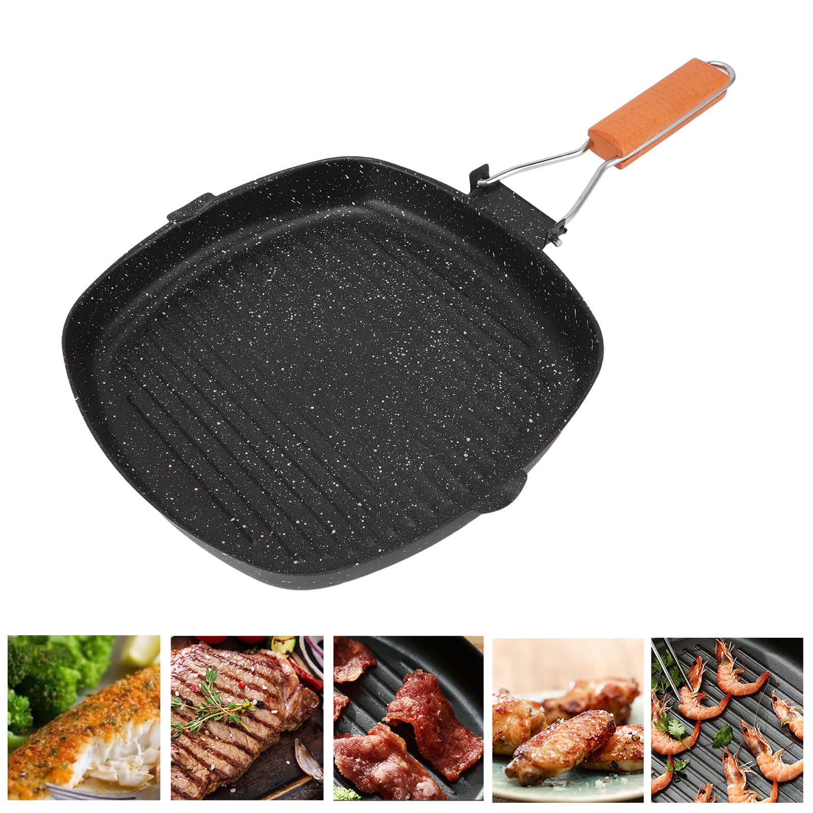 Premium Cast Iron Grill Pan - Large 28x20cm Nonstick Steak Griddle with Folding Beech Handle - Perfect for BBQ, Camping & Home Cooking - Heavy Duty Striped Grill Pan for Steaks, Burgers & Vegetables