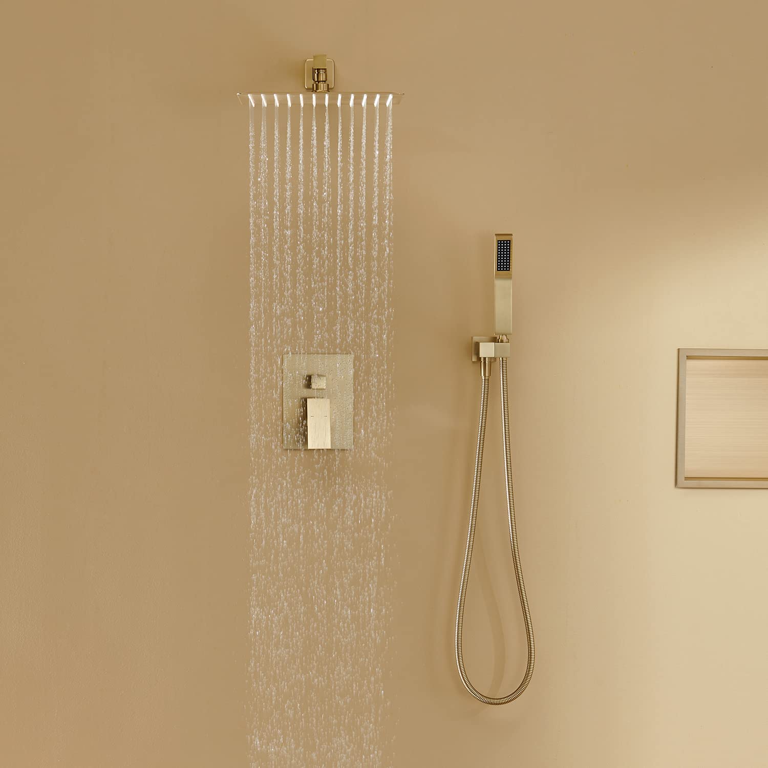 12 Inch Brushed Gold Rain Shower System - Wall Mount Bathroom Faucet Combo with Rainfall Shower Head & Handheld Shower - Perfect for Modern Luxury Bathrooms & Spa-Like Shower Experience