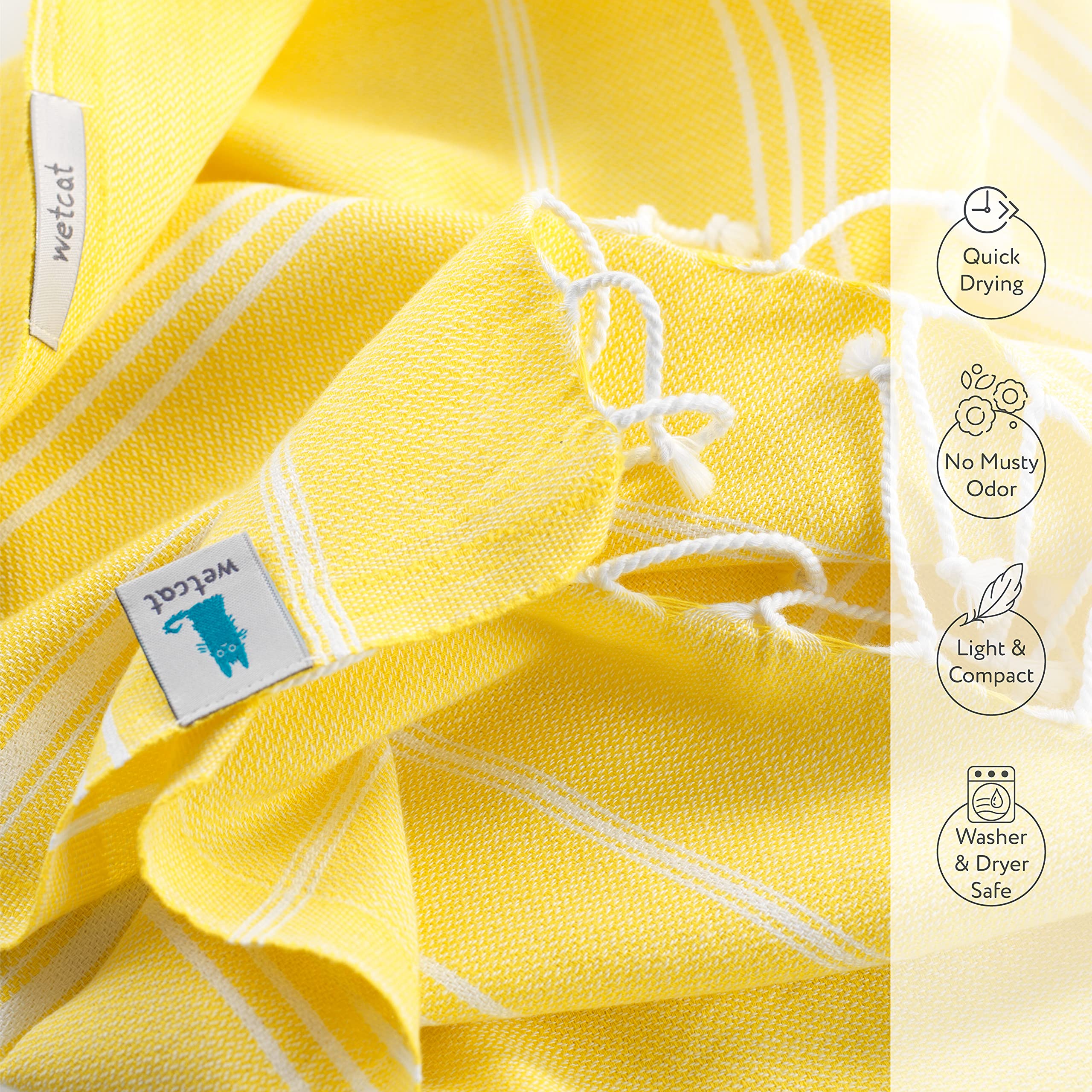 WETCAT Premium 100% Turkish Cotton Hand Towels with Hanging Loop - Set of 2 (20x30 Inches), Pre-Washed & Quick Dry - Soft Kitchen & Bathroom Towels for Dishes, Hands & Face - Yellow