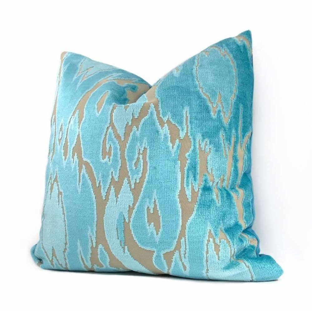Xanadu Turquoise Blue Abstract Ikat Cut Velvet Pillow Cover - Bohemian Home Decor for Living Room, Bedroom & Sofa - Soft Decorative Throw Pillow Case 18x18