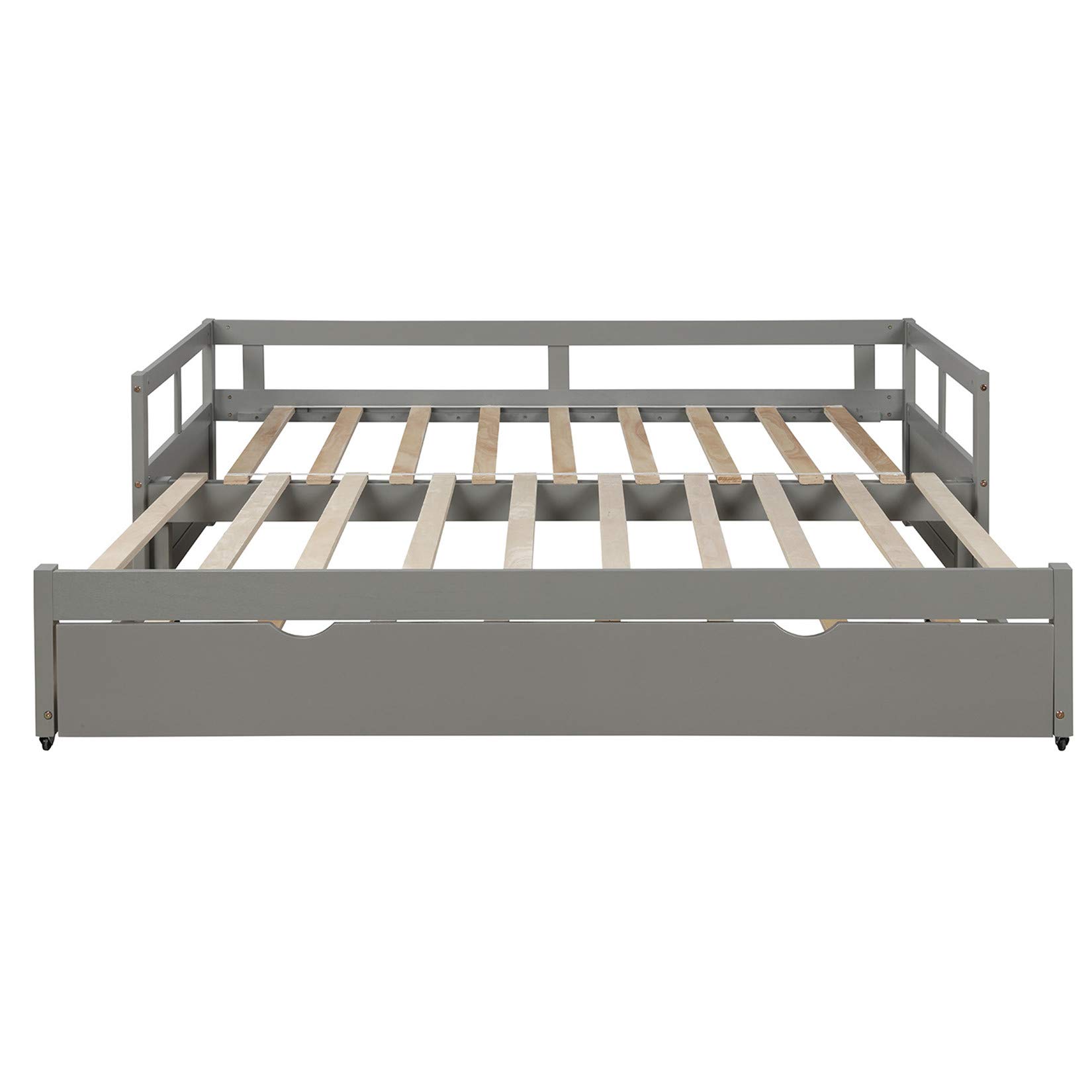 Twin to King Daybed with Trundle - Wooden Extendable Sofa Bed for Bedroom & Living Room - Space Saving Gray Daybed (Perfect for Guest Rooms, Small Apartments & Multi-Purpose Spaces)