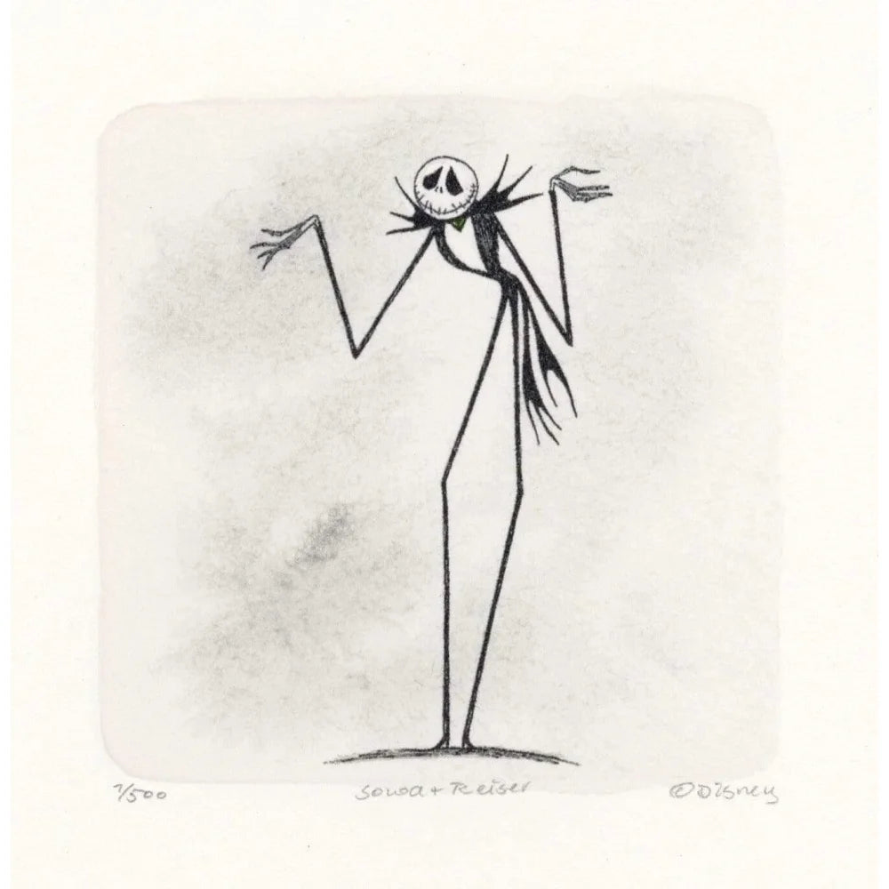 Jack Skellington Nightmare Before Christmas Sowa & Reiser Limited Edition Hand-Painted Etching #/500 - Collectible Art Print for Disney Fans, Halloween & Christmas Decor