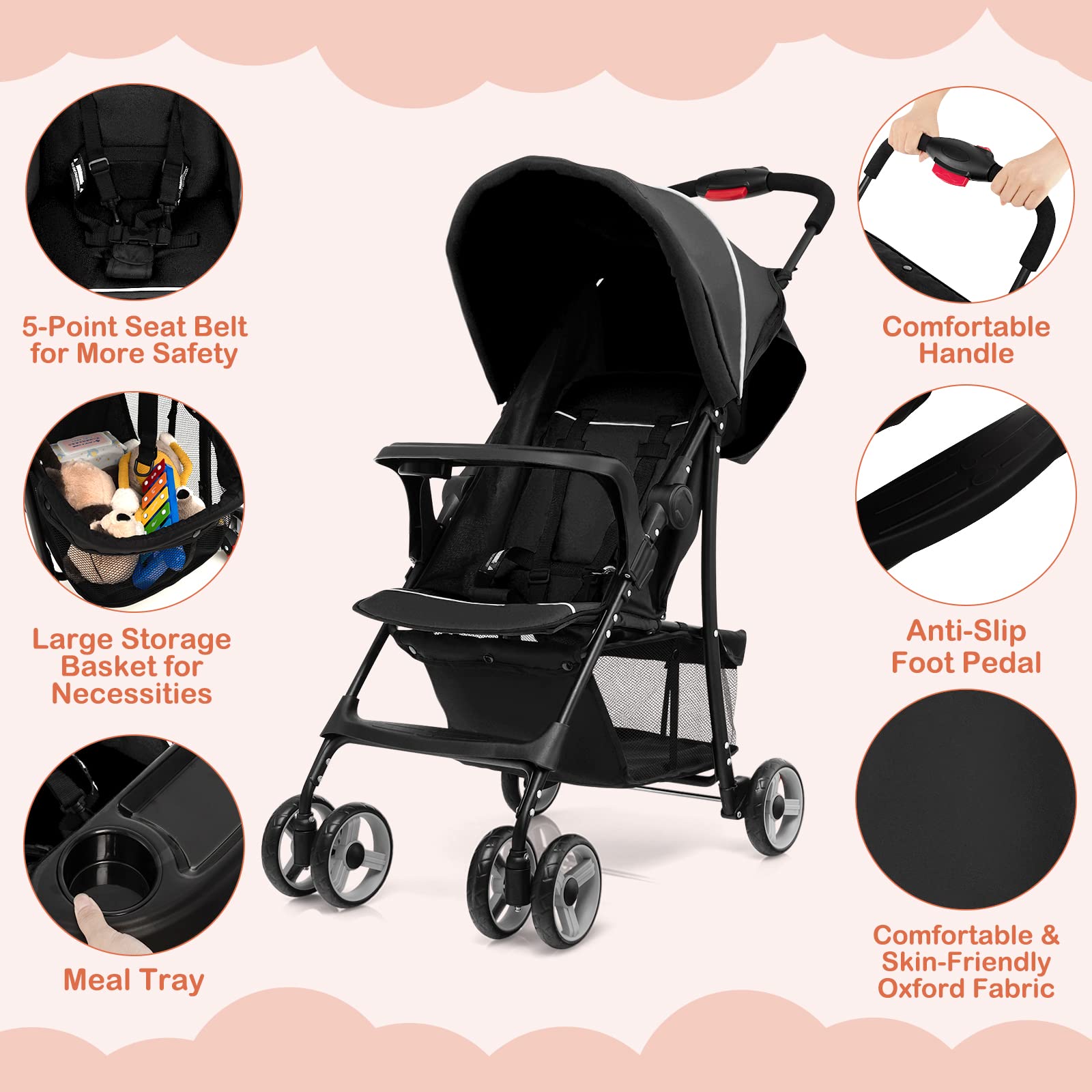 HONEY JOY Lightweight Compact Travel Stroller for Toddlers & Infants - Adjustable Canopy, Reclining Backrest, Storage Basket - Airplane Approved Foldable Umbrella Stroller (Black) | Perfect for Air Travel, Shopping, Walks & Daily Use
