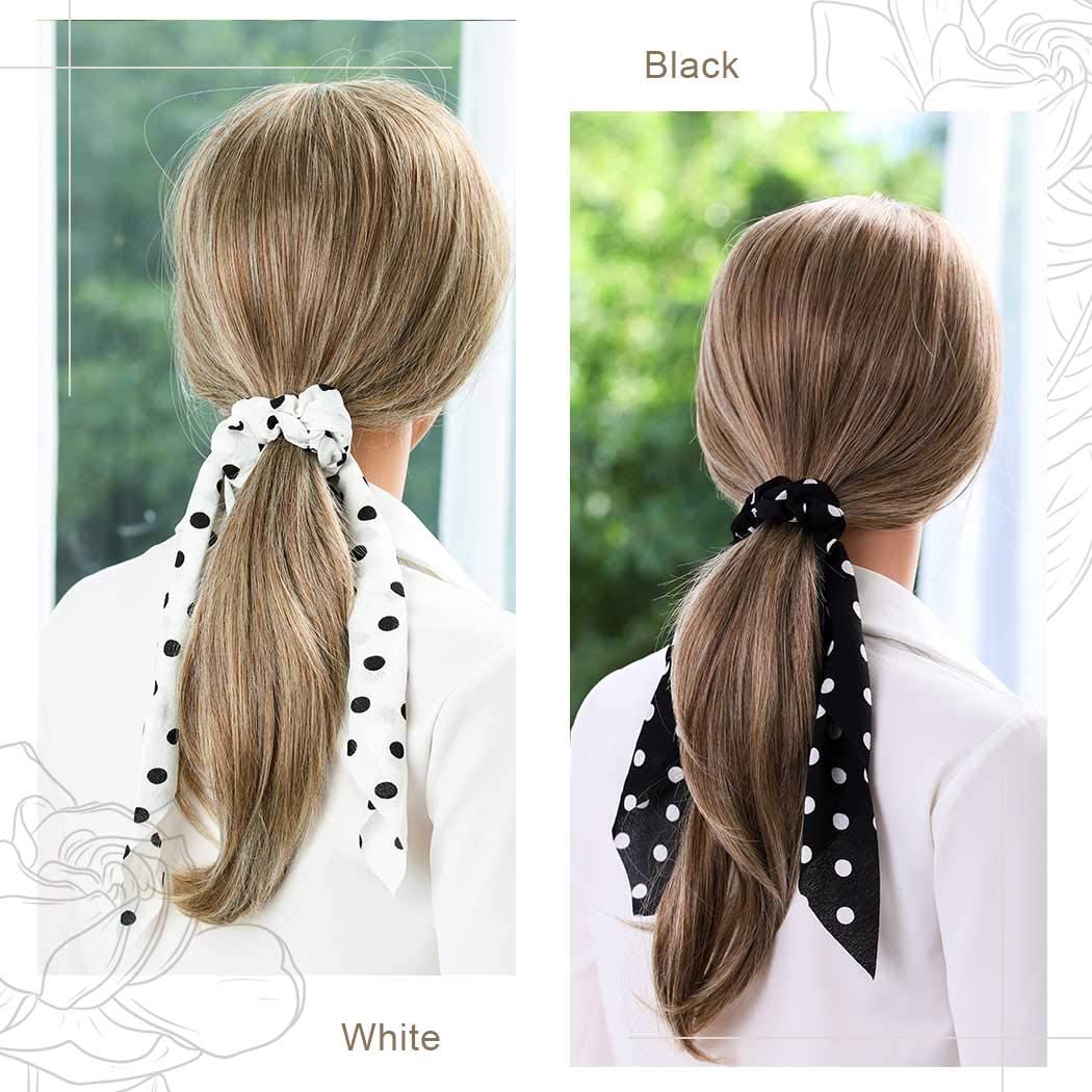 APSAMBR® Black Dot Hair Scrunchies - Soft Chiffon Elastic Hair Ties & Ponytail Holders for Women & Girls (6-Pack) - Perfect for School, Work, Gym & Everyday Styling