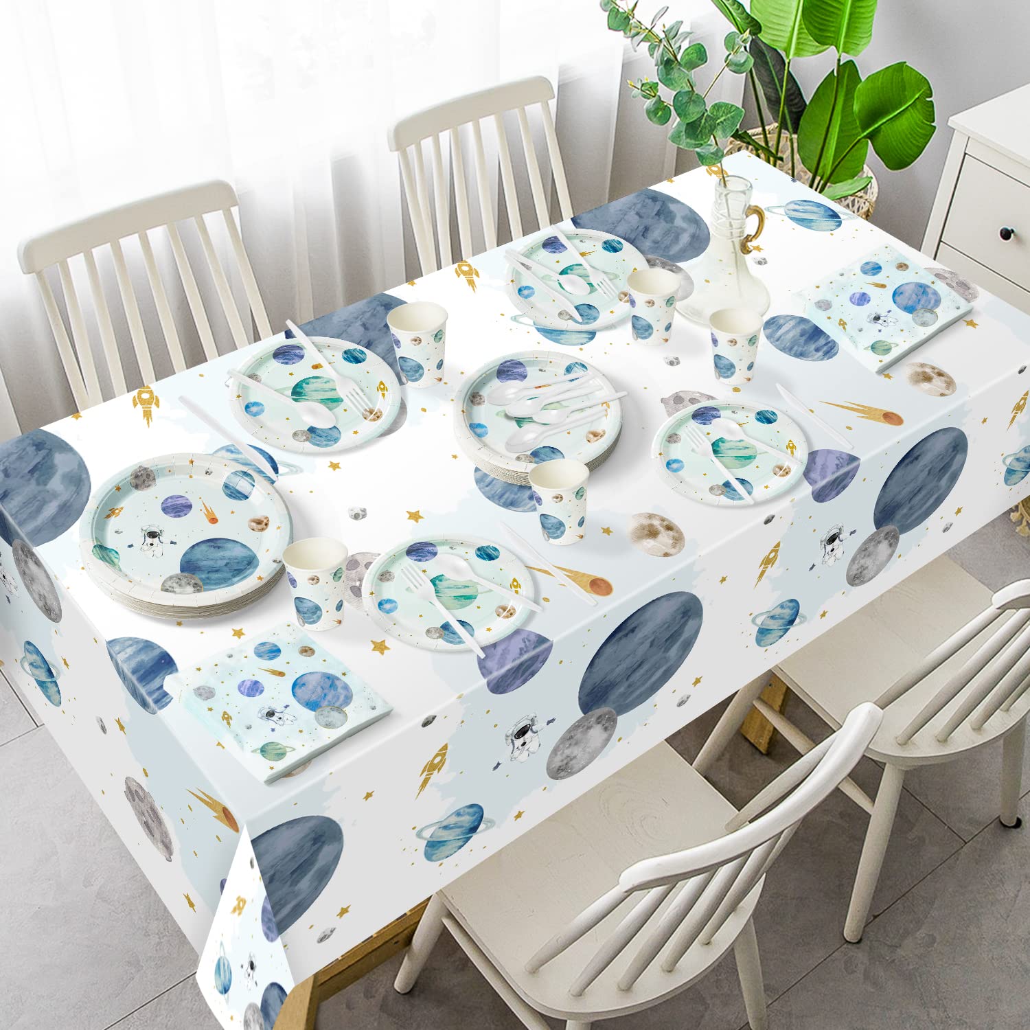 WATINC 170pcs Outer Space Birthday Party Supplies - Solar System Themed Tableware Set with Plates, Napkins, Forks, Cups, Spoons, Knives & Tablecloths for First Trip Around the Sun Celebration | Perfect for Kids Space Themed Birthday Parties, Baby Showers & Cosmic Decorations