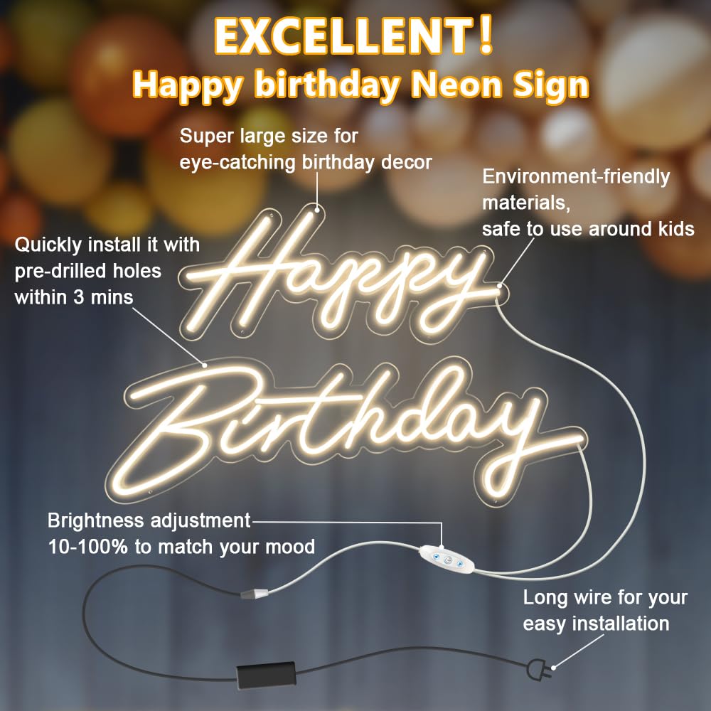 Extra Large Happy Birthday Neon Sign - 66' x 39' LED Party Decor in Warm White | Perfect for Birthday Celebrations, Home Decor & Event Lighting