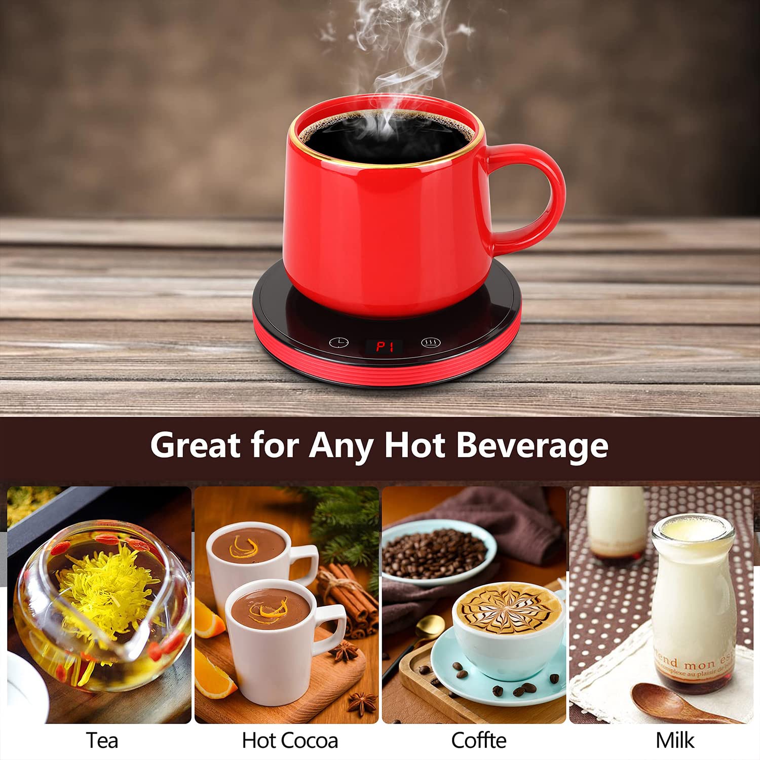 Smart Coffee Warmer for Desk - 8 Hours Auto Shut-Off, 3 Adjustable Temperature Settings, 1-12 Hour Timer - Electric Mug Warmer for Coffee & Tea (Red) - Perfect for Office, Home & Dorm Use