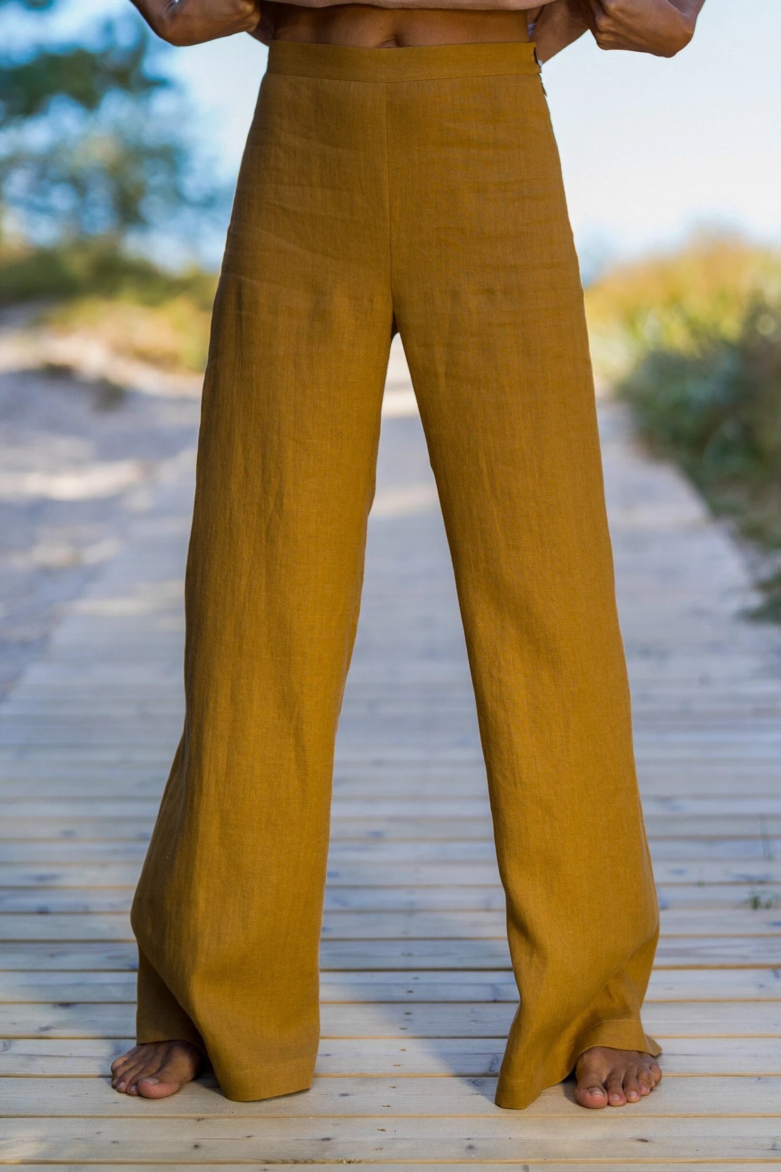 KLARA Linen Palazzo Pants for Women - Comfortable Wide Leg Trousers in Amber Yellow | Perfect for Summer, Beach, and Casual Wear