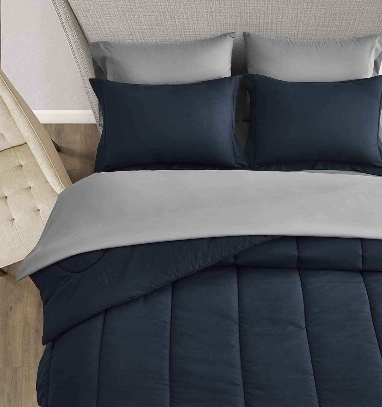 Maple & Stone 7-Piece Queen Size Comforter Set - Down Alternative Bedding Set with Soft Reversible Duvet Insert, Sheets & Pillowcases (Navy & Dark Grey) - Perfect for Master Bedrooms, Guest Rooms & Cozy Home Decor
