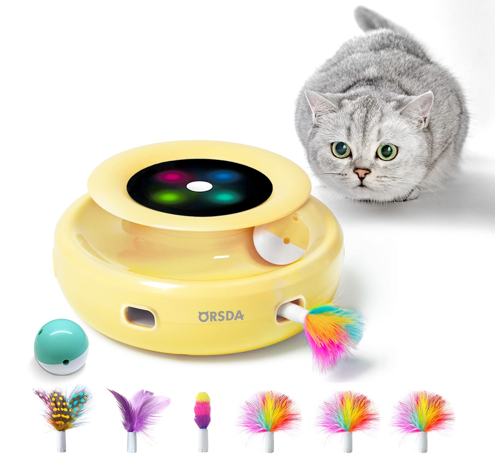 ORSDA 2-in-1 Interactive Cat Toys for Indoor Cats - Automatic Rolling Ball & Ambush Feather Toy with 6 Feathers, Dual Power Supply, Adjustable Speed, Auto On/Off - Perfect for Playtime, Exercise & Boredom Relief for Kittens & Adult Cats