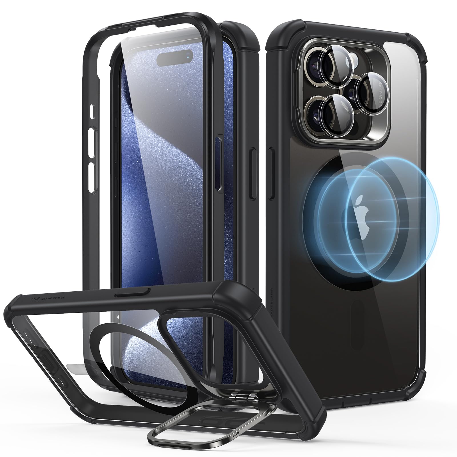 ESR Armor Series Magnetic Shockproof Case for iPhone 15 Pro - Full Body Protection with Built-in Stash Stand & Lens Protectors | Magsafe Compatible Clear Black Phone Cover for Work, Travel & Outdoor Activities