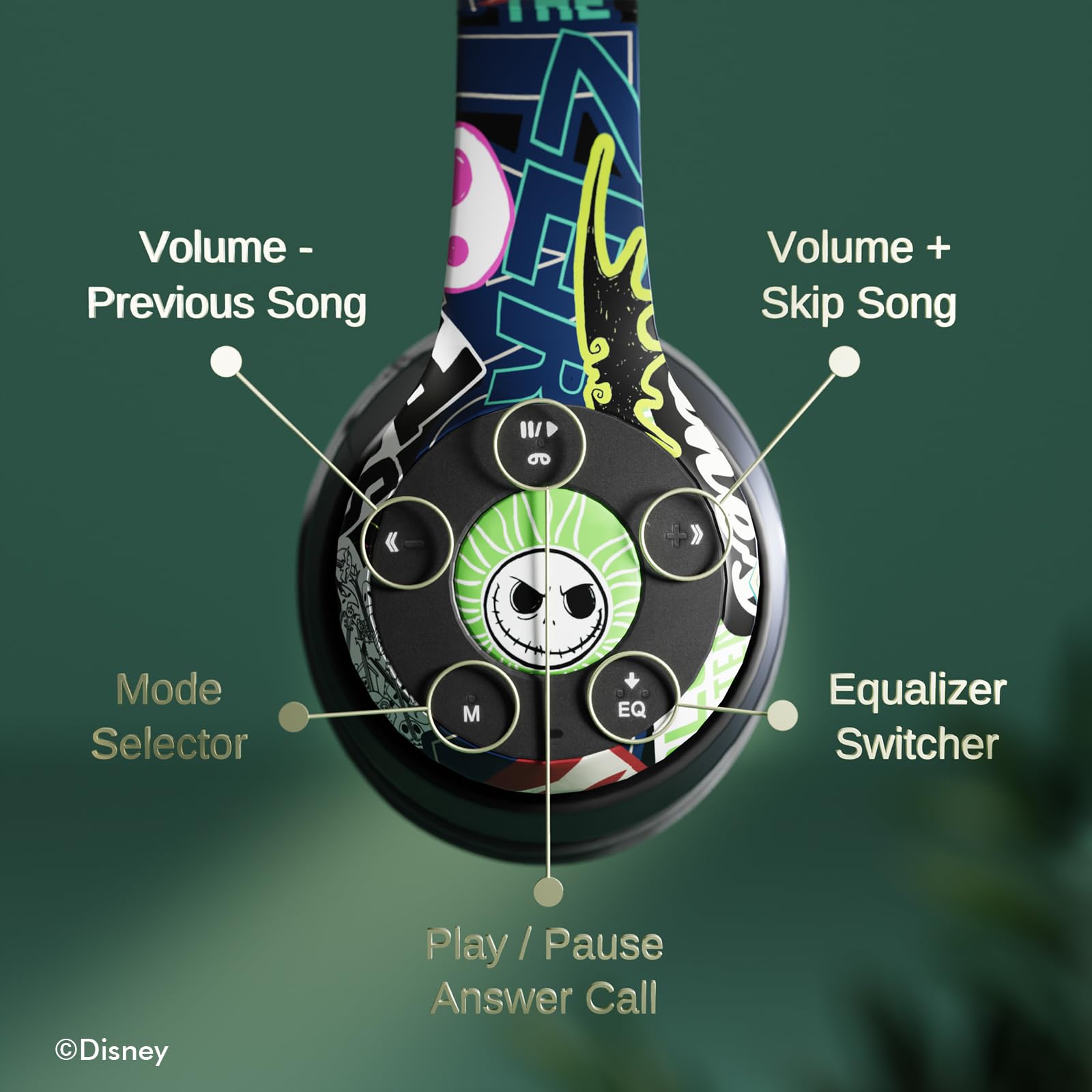 Disney Nightmare Before Christmas Jack Sticker Bluetooth Headphones - Wireless Foldable Over-Ear Headset with Built-in Mic, Enchanting Sally & Friends Design for Adults & Kids - Perfect for Halloween, Christmas Gifts, Movie Nights & Travel