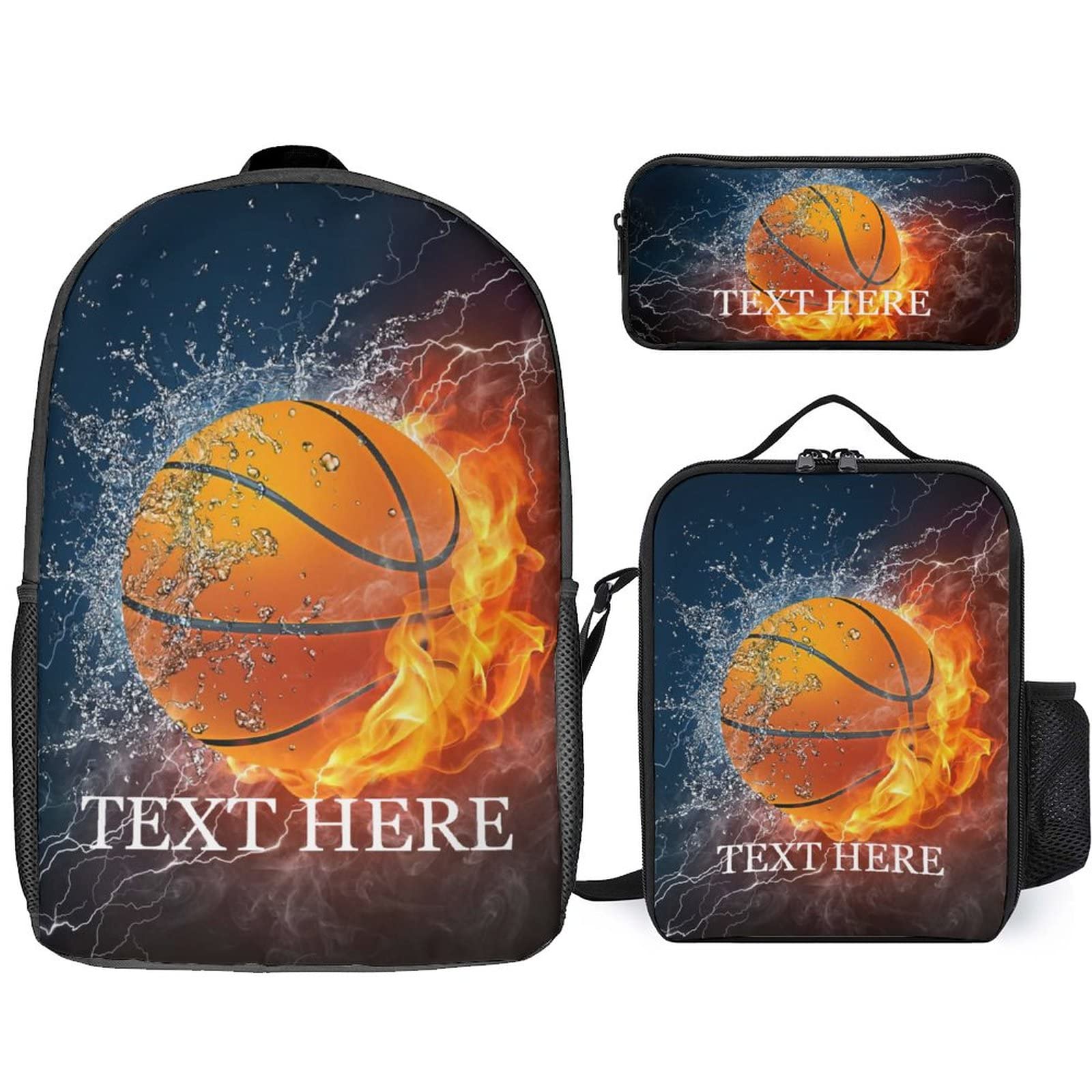 Custom Personalized Basketball Backpack Set with Fire Design - 3-Piece School Bag with Name Text, Lunch Box & Pencil Case for Boys & Girls | Perfect for School, Sports & Travel