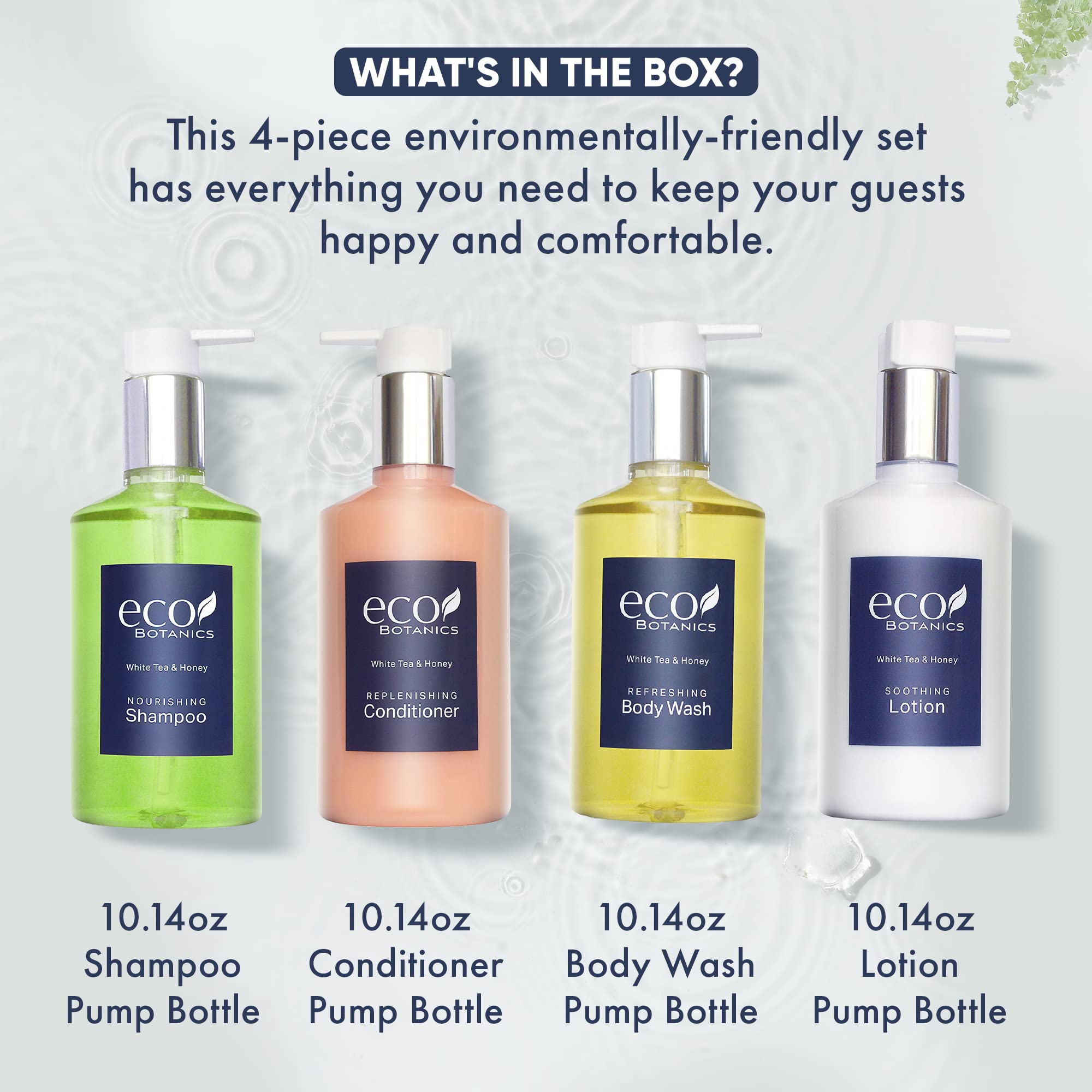 Eco Botanics Luxury Hotel Amenities Set - 10.14oz Pump Bottles (Shampoo, Conditioner, Hand & Body Wash, Lotion) - 4 Piece Travel Size Toiletries Kit for Hotels, Spas, Airbnb & Home Use