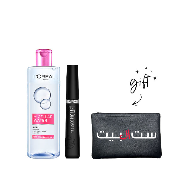 3-in-1 Refreshing Micellar Cleansing Water with Telescopic Mascara & Free Travel Pouch | Gentle Makeup Remover & Eye Makeup Set for Daily Beauty Routine