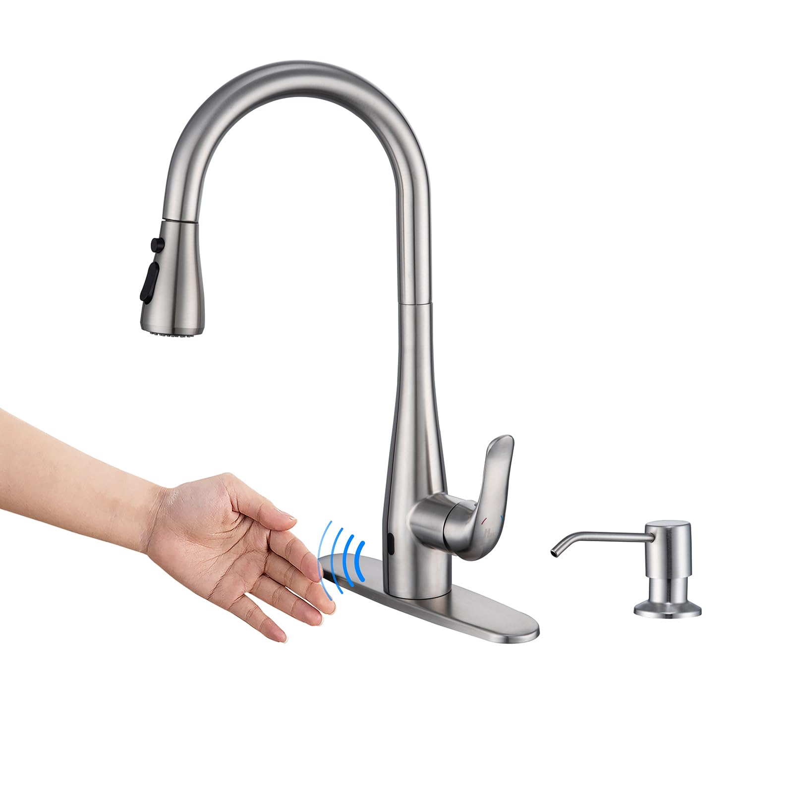 Touchless Kitchen Faucet with Soap Dispenser & Pull Down Sprayer - Motion Sensor Single Handle Kitchen Sink Faucet, 1 or 3 Hole Installation, Brushed Nickel Finish for Modern Farmhouse, RV, Bar & Restaurant Sinks - Ideal for Hands-Free Cooking, Dishwashing & Hygiene Maintenance