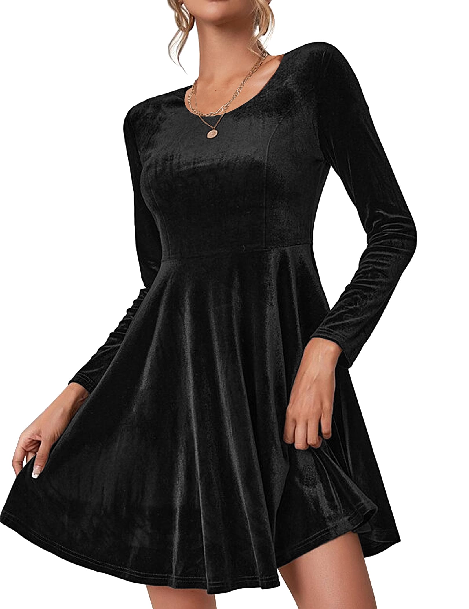 Elegant Women's Velvet Long Sleeve Cocktail Dress - Christmas Party, Club Wear, Wedding Guest Outfit | Flare Swing Mini Prom Dress for Special Occasions & Evening Events