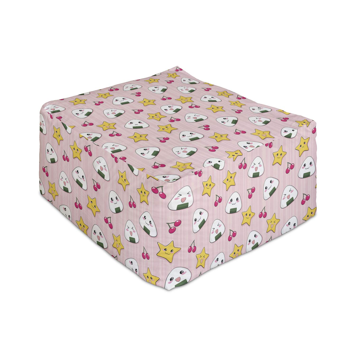 Ambesonne Anime Rectangle Pouf - Japanese Rice Balls, Cherries & Stars Cartoon Print Foot Stool | 25