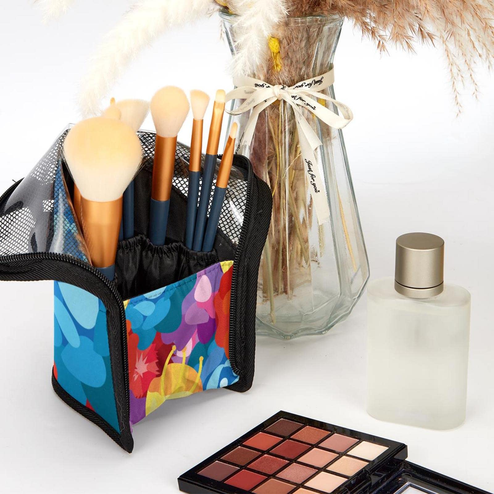 Floral Makeup Brush Organizer Bag with 12 Brush Slots - Portable Travel Cosmetic Brush Holder Case for Professional Makeup Artists & Home Vanity Storage