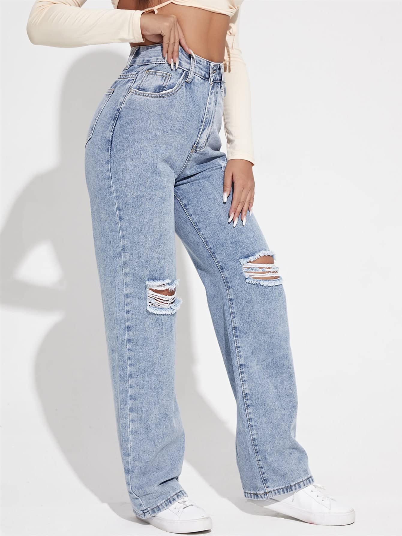 WDIRARA Women's High Waist Ripped Flare Bell Bottom Jeans with Pockets - Vintage Denim Pants for Casual Outfits & Retro Fashion Style