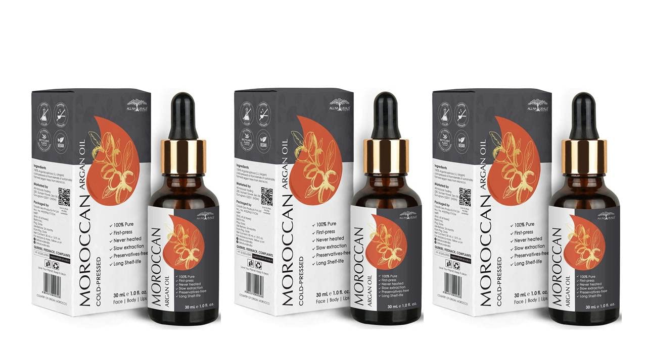 Pure Moroccan Cold Pressed Argan Oil 30mL X 3 Pack - 100% Natural Undiluted Carrier Oil for Hair Growth, Dry Scalp & Sensitive Skin Care | Face & Body Moisturizer, Hair Treatment & Massage Oil for Shine & Hydration